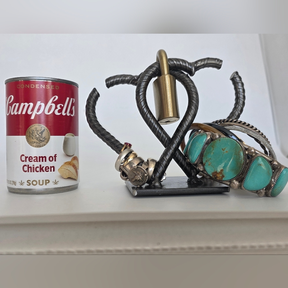 Handmade US Solid Steel Jewelry Stand Southwest Gas Brass Locked Double Hearts - Picture 11 of 12